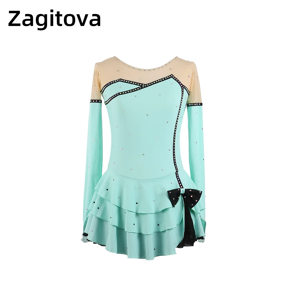 

Zagitova Figure Skating Dress Women Girls Ice Skating Skirt Long Sleeve Cake Skirt Bright Colors Diamonds Mesh Skirt