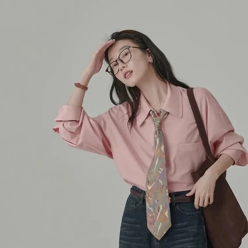 Women's Pink Button Down Shirt Spring Basic Loose Fit Blouse Draped Wrinkle-Resistant Casual Long Sleeve Top