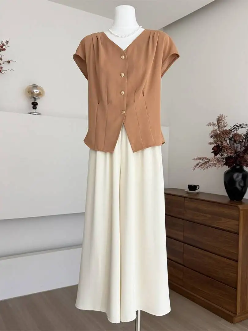 

2026 New Fashionable Summer Outfit Set Women's Midi Skirt Short Sleeve Top for Middle-Aged And Elderly Ladies V-Neck T-Shirt