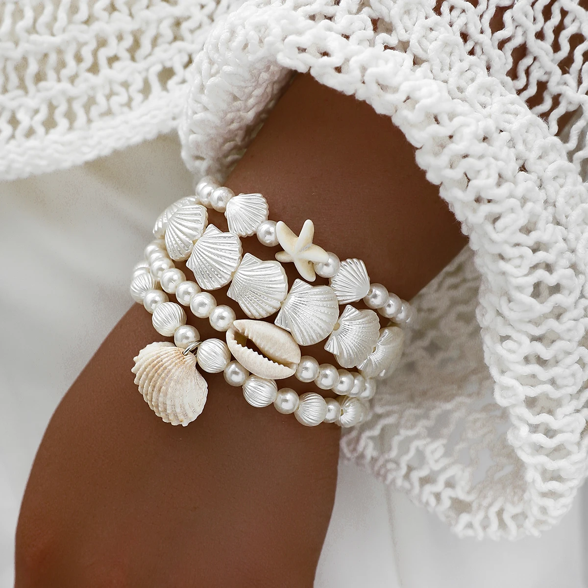 4 unids/set bohemio vacaciones viento Shell con cuentas estrella de mar cuentas de arroz pulseras de perlas conjunto para mujeres regalos de joyería de playa
