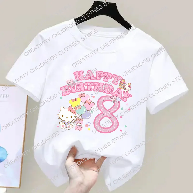 Camiseta de Hello Kittys para niño y niña, camisa con número de cumpleaños, Kawaii, Anime, dibujos animados, informal, 123456789