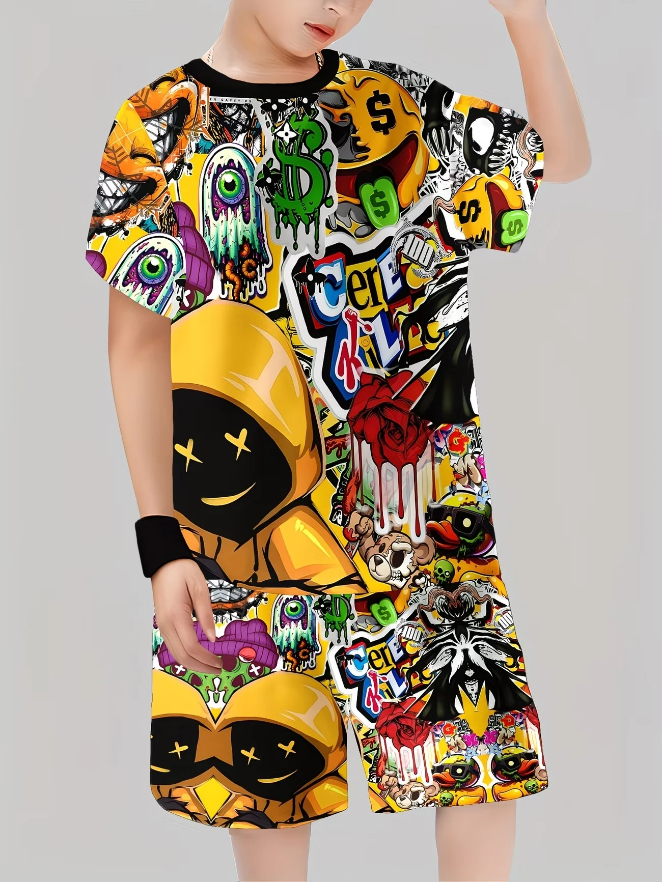 Art Kids Sport Suit All-Over Graffiti Graphic Short Sleeve Tee and Shorts 2-Piece Set Yellow Casual Summer Clothes for Boys