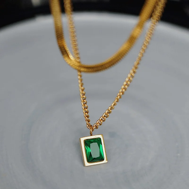 316L Stainless Steel New Fashion Fine Jewelry 2 Layer Geometry Embedded Zircon Charms Chain Choker Necklaces & Pendant For Women