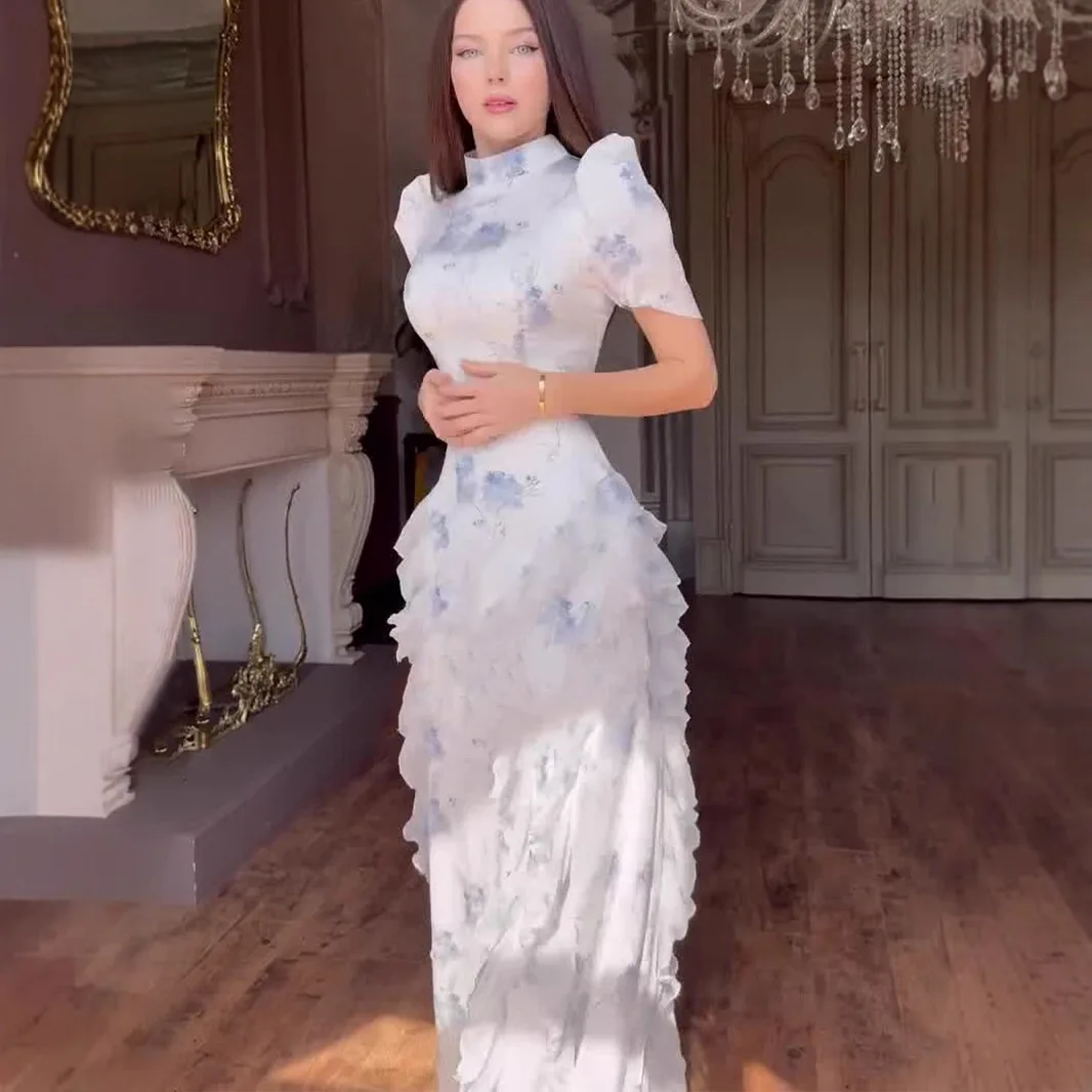 

European/American style 2025 spring new artistic style elegant retro temperament short sleeved long skirt waist cinched dress