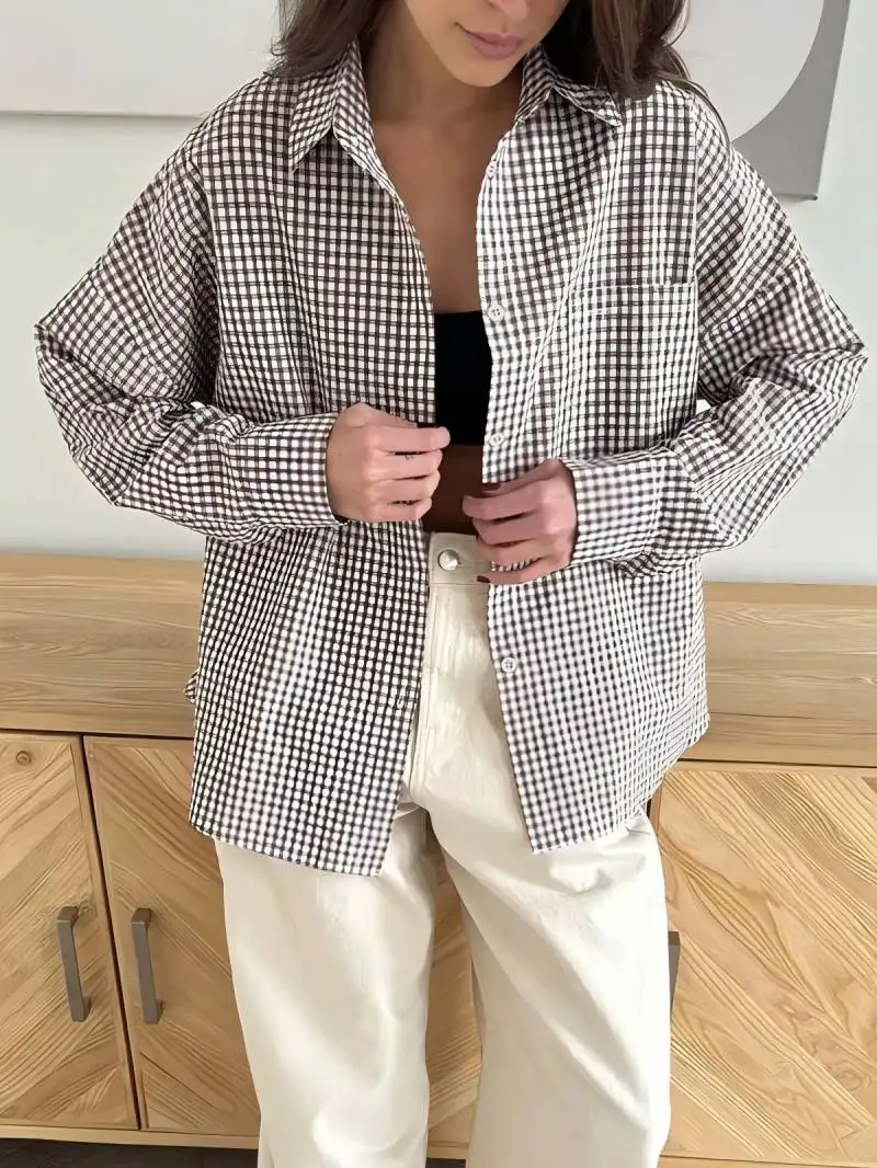 

CGC Vintage Women Oversized Plaid Shirt Autumn Winter Long Sleeve Blouse Tops Single Breasted Casual Female Blouse Lapel Pocket