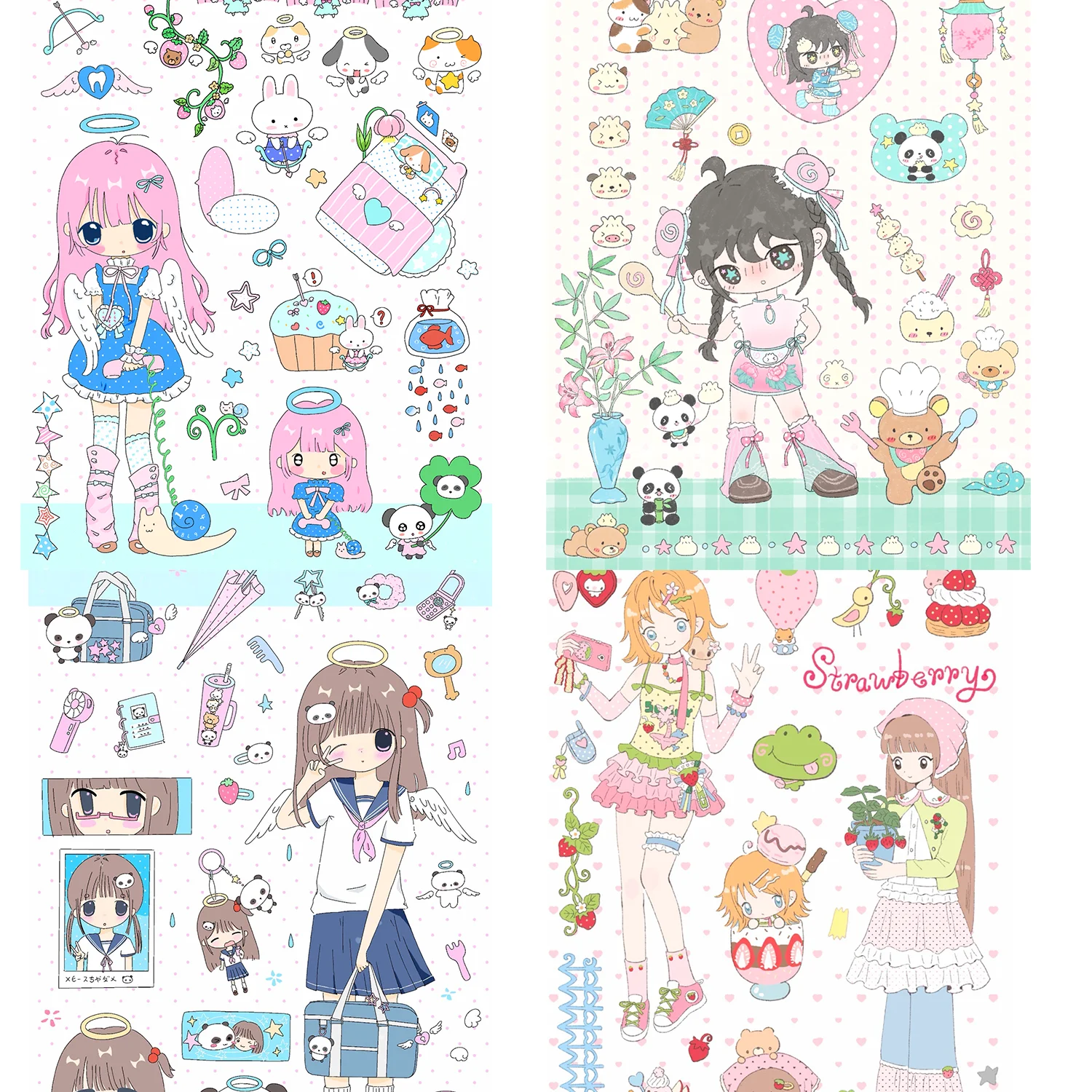 AngelPanda Sticker Set | Bubblegum-Mint-Seafoam-Strawberry Winged-Girls & Panda-Pals for Pastel Journals