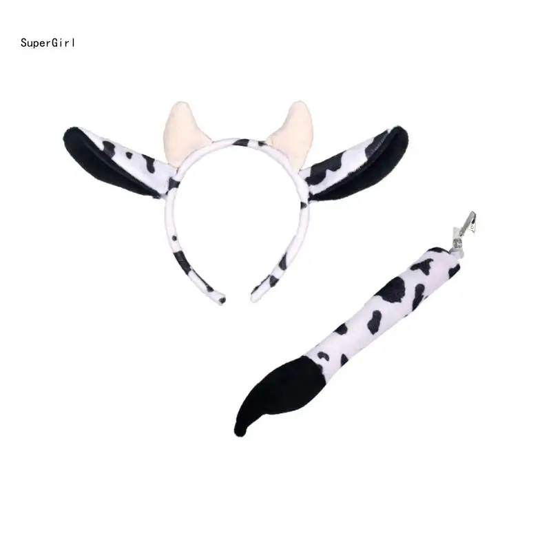 2PCS Creative Woman Cow Ear Hairband with Long Tail Set for Taking Photo Headbands Cartoon Carnivals Cosplay Hair Hoop J78E