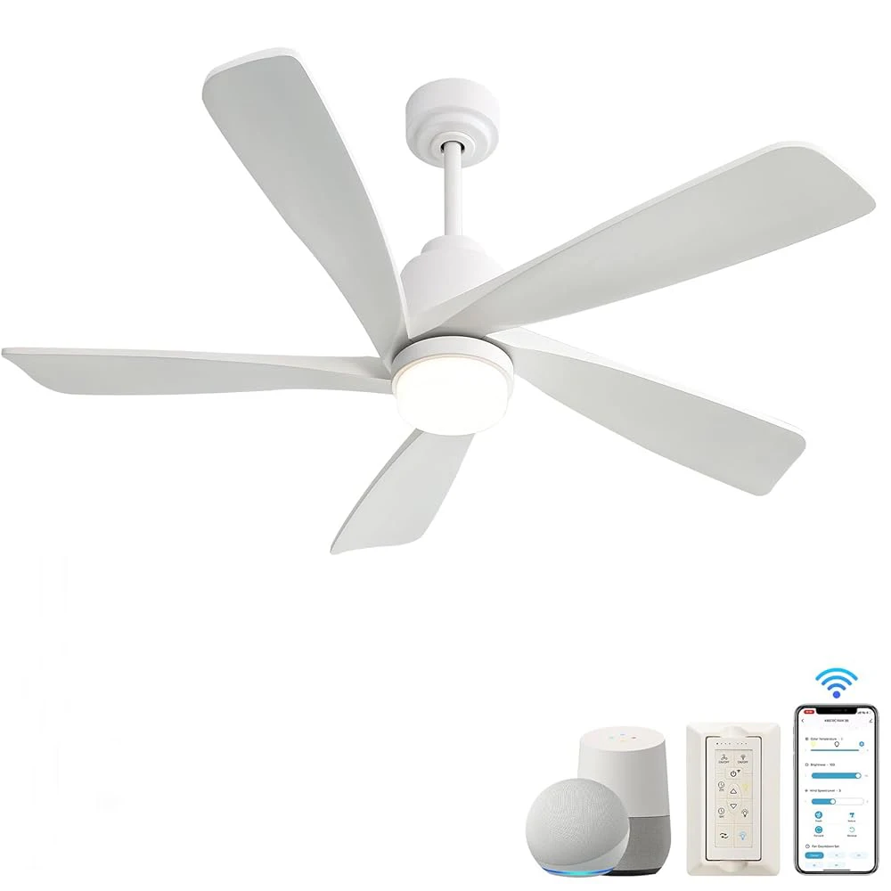 52 Inch Modern Ceiling Fan With Dimmable LED Light 5 Solid Wood Blades Remote Control Reversible DC Motor With Smart APP Control