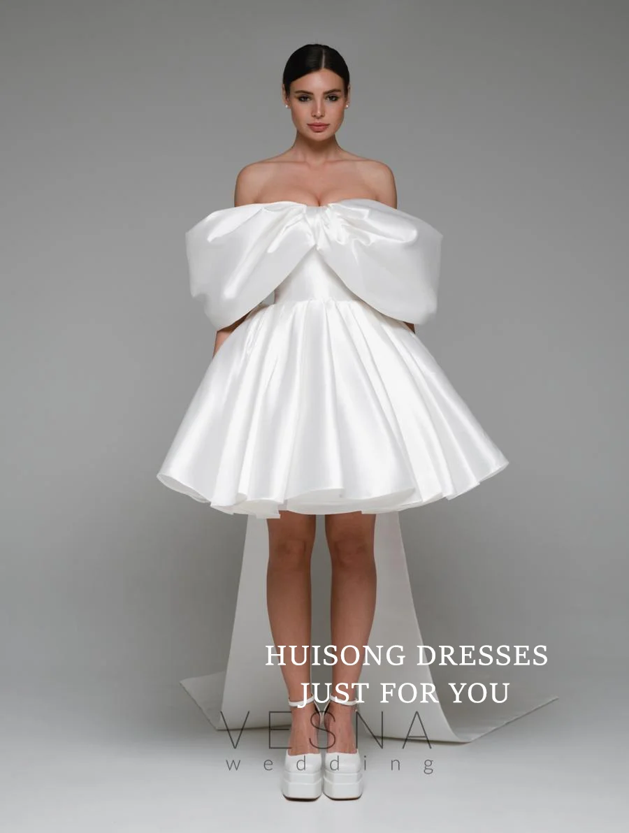 

HUISONG Customized Short Satin Wedding Dresses Off the Shoulder Sleeveless A-Line Mini Bridals Gowns Beach Wedding Party Dress