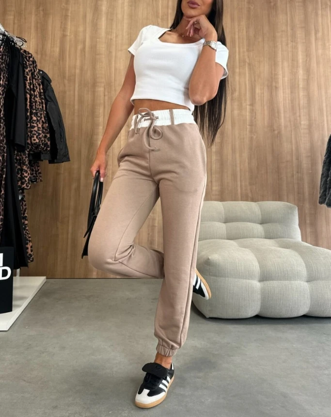 

Women's Pants 2024 Autumn Fashion Stretchy Waist Pocket Design High Waist Casual Contrast Splicing Cuffed Long Sweatpants