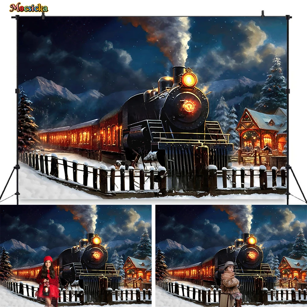 

Winter Vintage Train Background for Christmas Photography Snowy Night Pine Tree Forest Fence Backdrop Kids Family Outdoor Photo