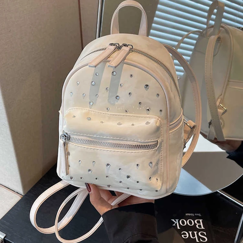 Zaino portatile in argento di alta qualità da donna con cerniere con diamanti Borsa da scuola per studenti Borse a tracolla per pendolari all'aperto