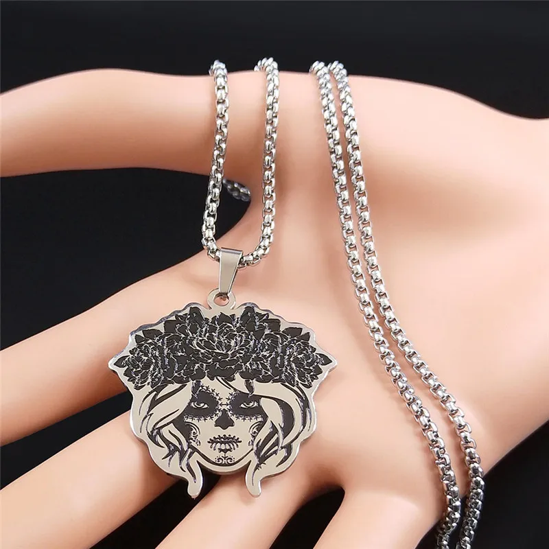 2024 Mexican Female Skull Stainless Steel Chain Necklace for Women/Men Silver Color Necklaces Jewelry collar mujer N3636S02