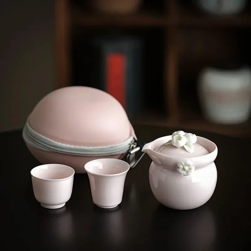 Pink Hand pinching Flower Travel Tea Set Kung Fu Teapot Tea Cup Ladies One Pot Two Cups Quick Cup Portable Storage Bag Nice Gift