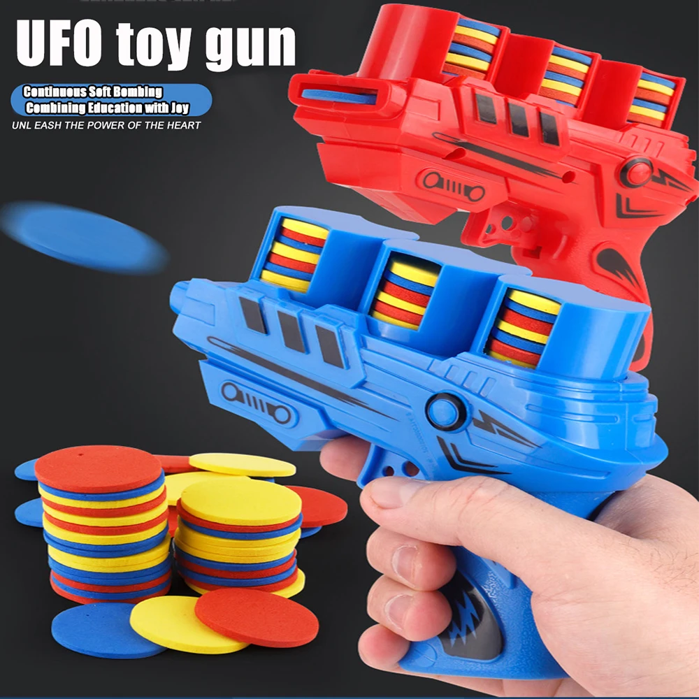 Children Fun Toys Flying Saucer Guns Ejection Flying Disc 100 EVA Soft Bullets Toy Gun Kids Outdoor Games Interactive Sport Toys