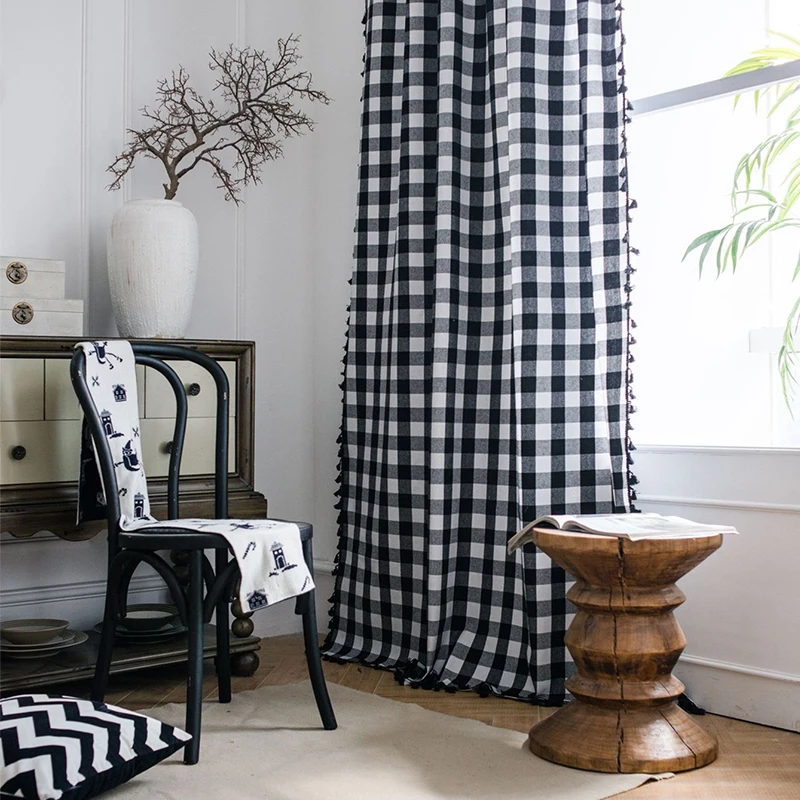 1/2Pcs Simple Black and White Grid Tassel Tassel Curtains, Washable, Bedroom, Living Room, Homestay, Party, Holiday Decoration
