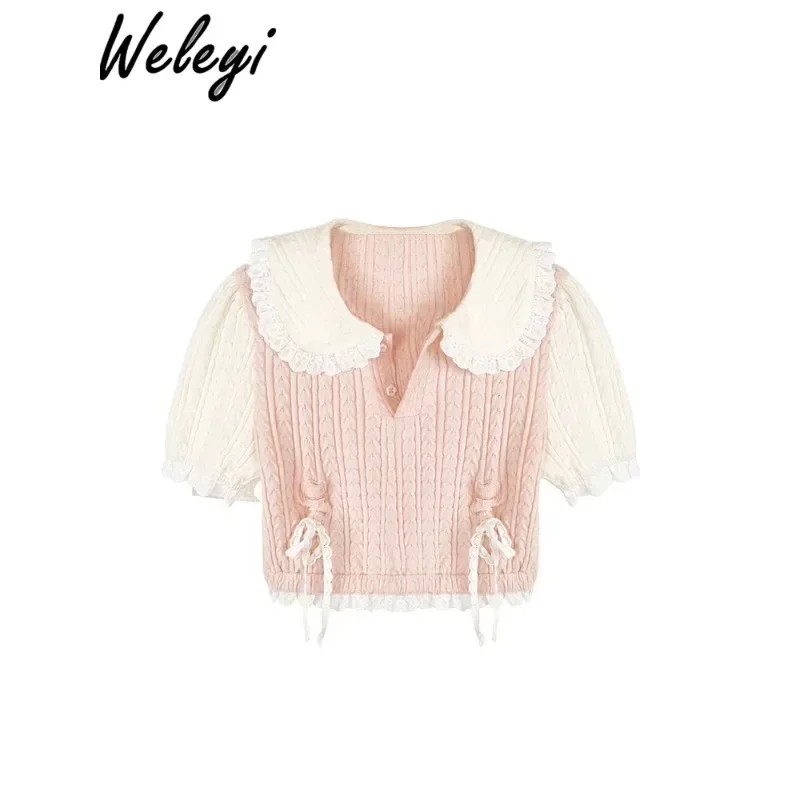 

Cute Women's Contrast Color Doll Collar Sueter Mujer Japanese Sweet Girl Small Lace Stitching Short Sleeve Plait knit Pullovers