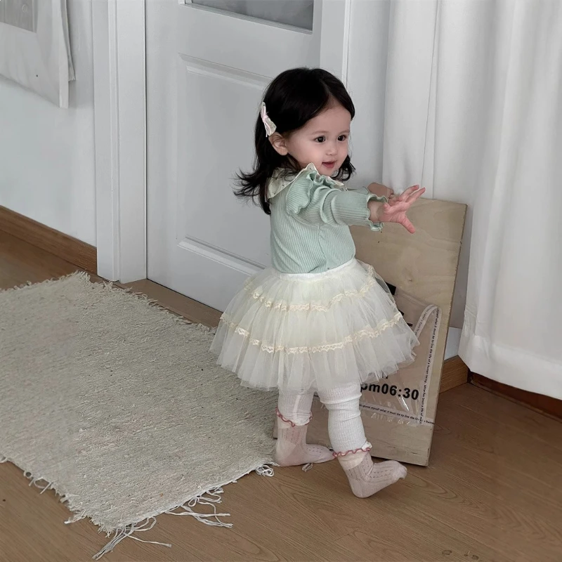 

2026 Spring/summer New Hot Selling Floral Doll Collar Solid Color Long Sleeved Top and Mesh Skirt Two-piece Set