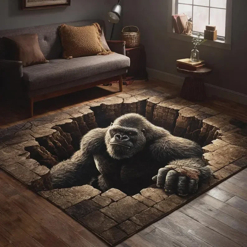 2D Gorilla Pit Area Rug Jungle Illusion Carpet Unique Floor Decor Mat for Room Rugs