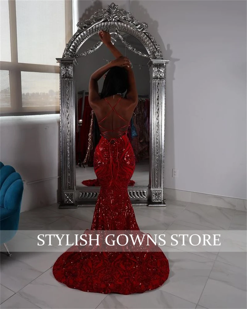 African Black Girl Prom Dress Sparkly Sequined Mermaid Formal Gown Evening Gowns Red Luxury Dresses Birthday Party Customized