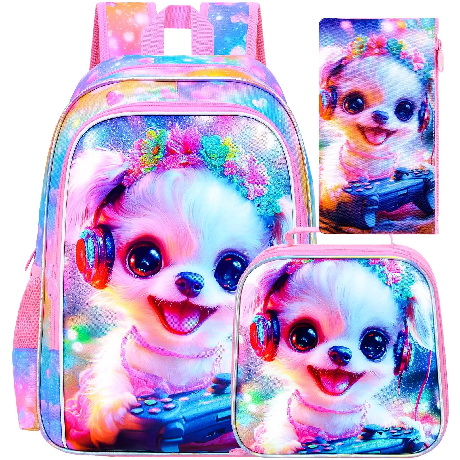 

3PCS Girls Cat Backpack, 16" Kids Bookbag with Lunch Box, School Bag for Elementary Preschool Toddler