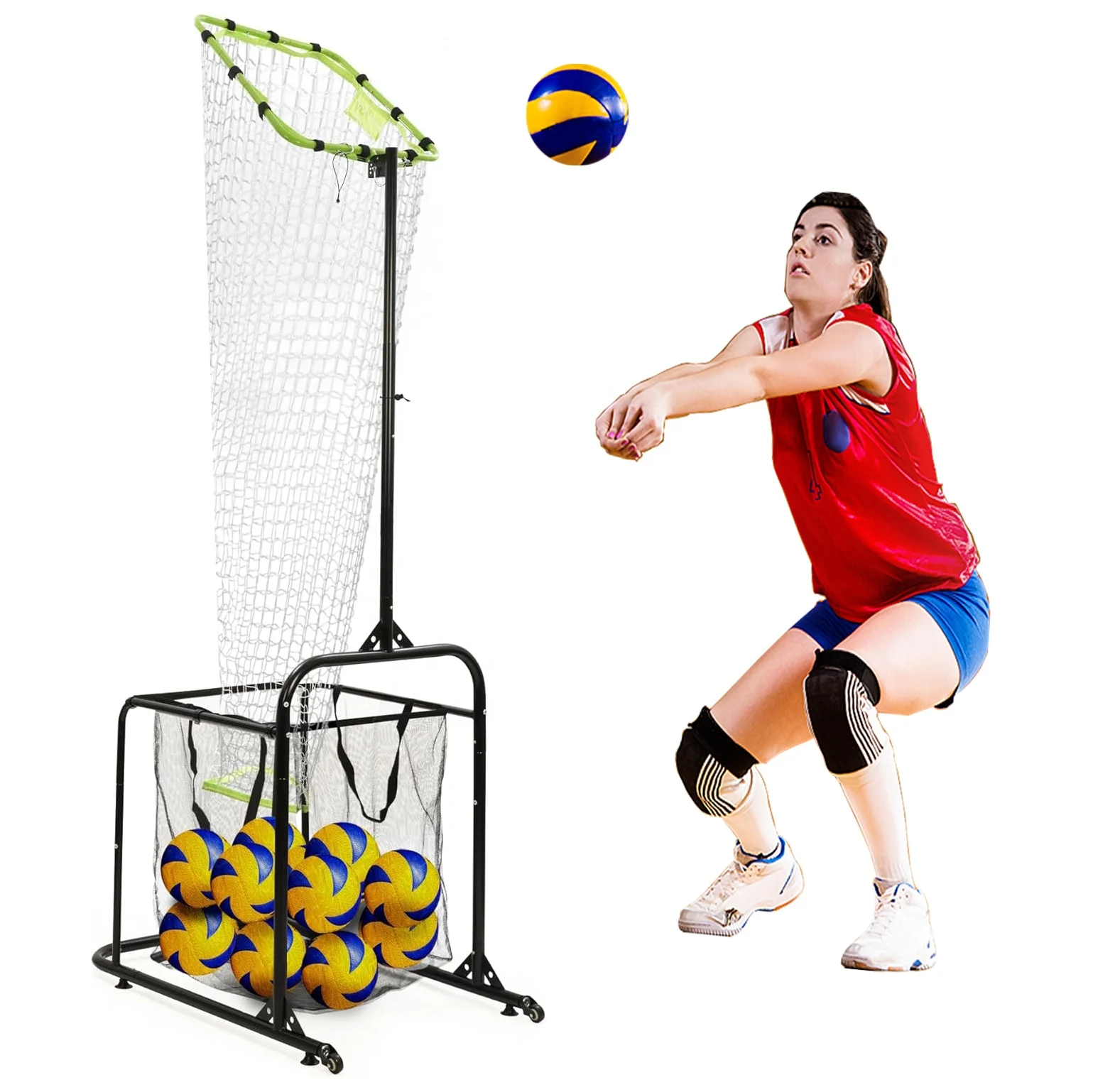 Volleyball Setting Trainer Target Net with Adjustable Target Hoop Ball Collection Bag 5 Level Angle and Height Adjustment