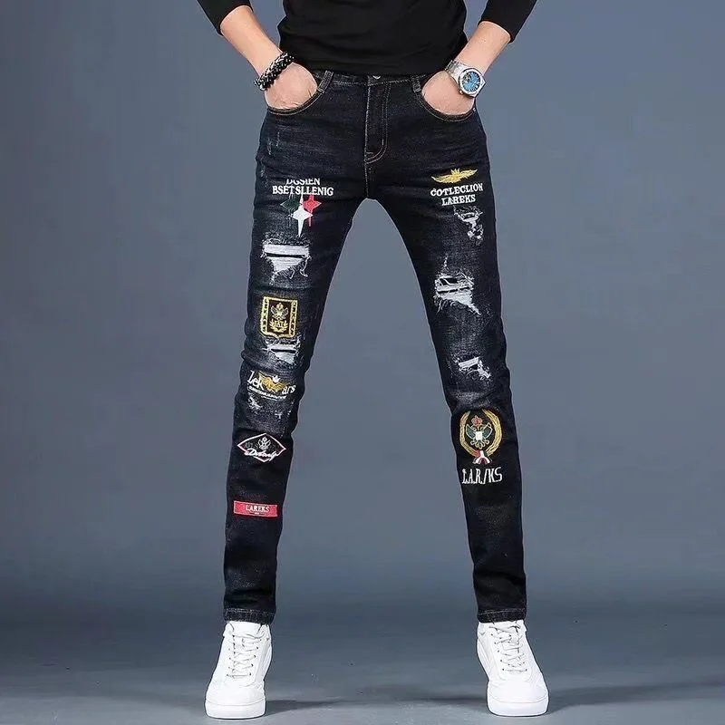 

Весенне-осенние модные трендовые прямые эластичные джинсы с принтом для мужчин, удобные повседневные спортивные джинсы высокого качества