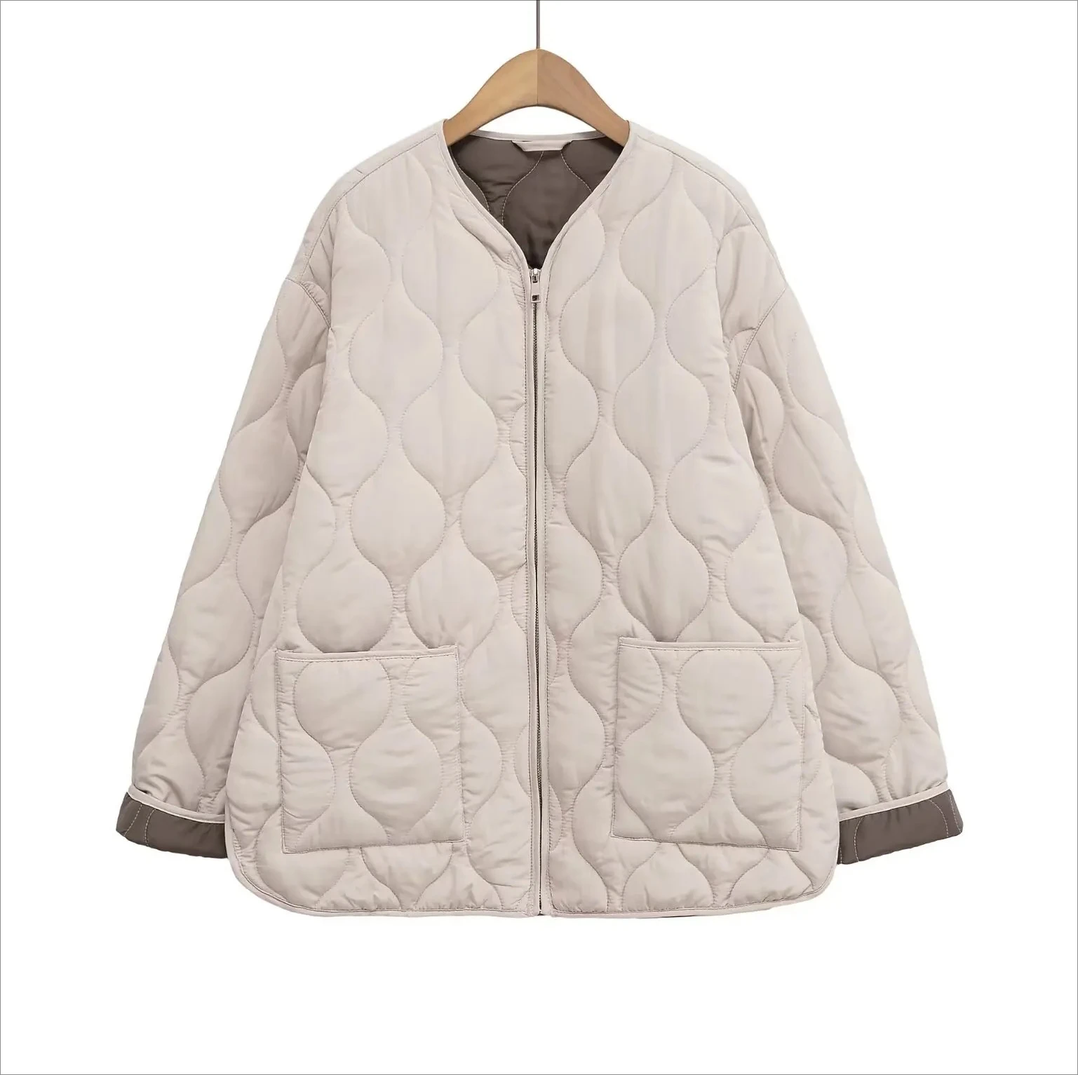 

New Women's Comfortable Round Neck Long Sleeve Zipper Pocket Quilted Cotton Jacket