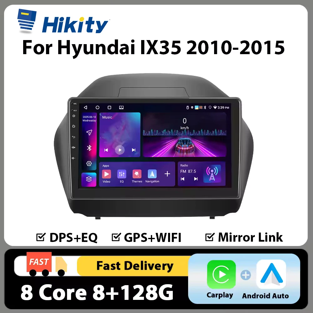 Hikity 10'' 8+128G 4G WIFI Autoradio pour Hyundai IX35 2010-2015 Autoradio multimédia Carplay Android Auto GPS BT RDS DSP FM