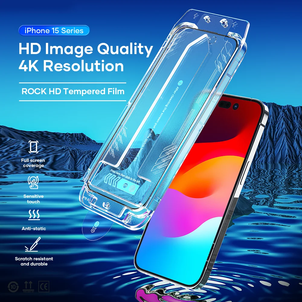 ROCK Ultra Clear Tempered Glass for iPhone 15 Pro Max With Mesh Full Cover Anti-Fingerprint Screen Protector for iPhone 15 Film