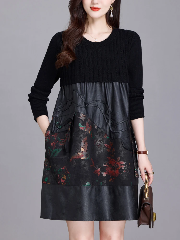 

Sweater Dress Woman Autumn PU Patchwork Pullover Femme Womens Clothing Long Sleeve Top Casual Knitwear Sweaters