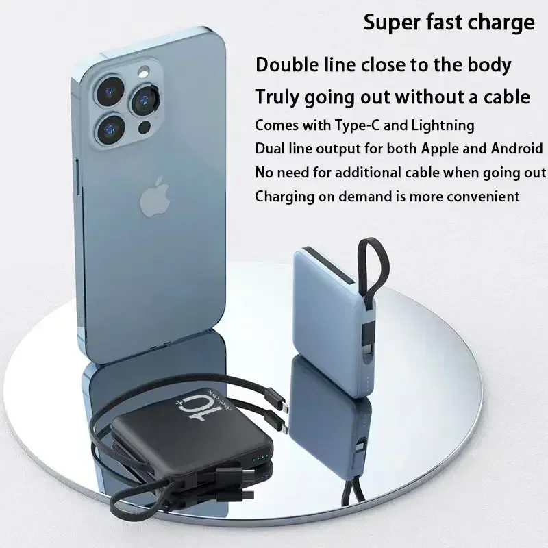 

Mini Power Bank Built-in Cord Portable Micro Compact Power Bank 10000mAh Fast Charging External Battery Mobile Phone Accessories