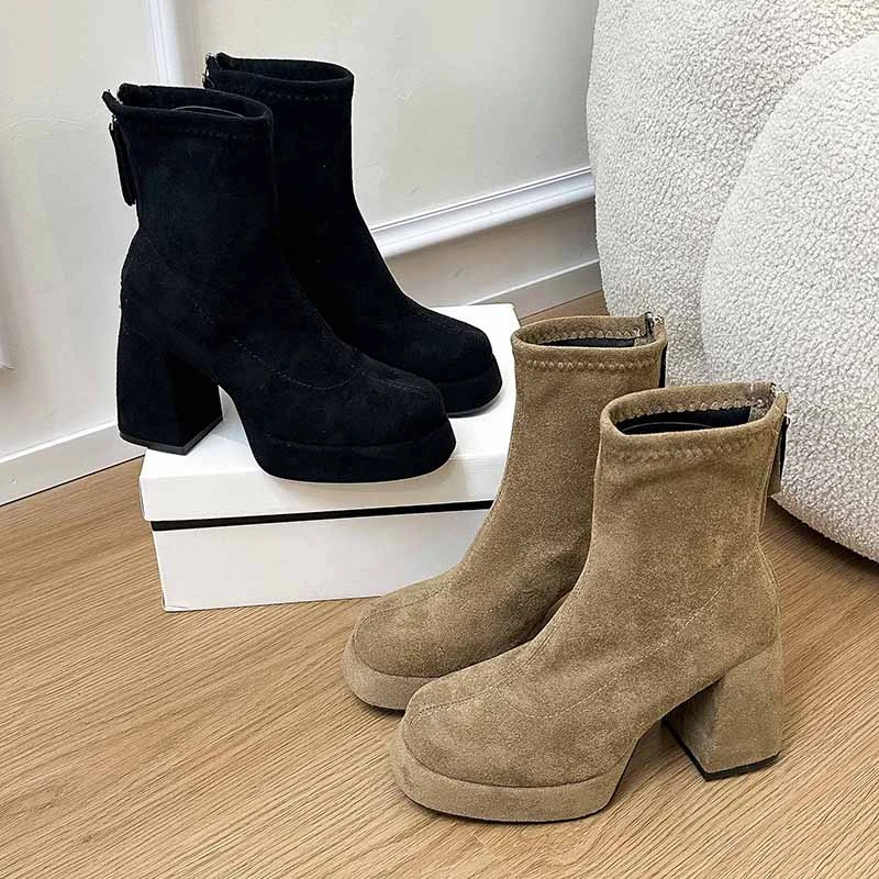 2026 Neue Herbst-Winter Retro Dicksohlige Hochhackige Damenstiefel mit Rückenreißverschluss Kurze Stiefel Modische Vielseitige Damenschuhe – Detail 20