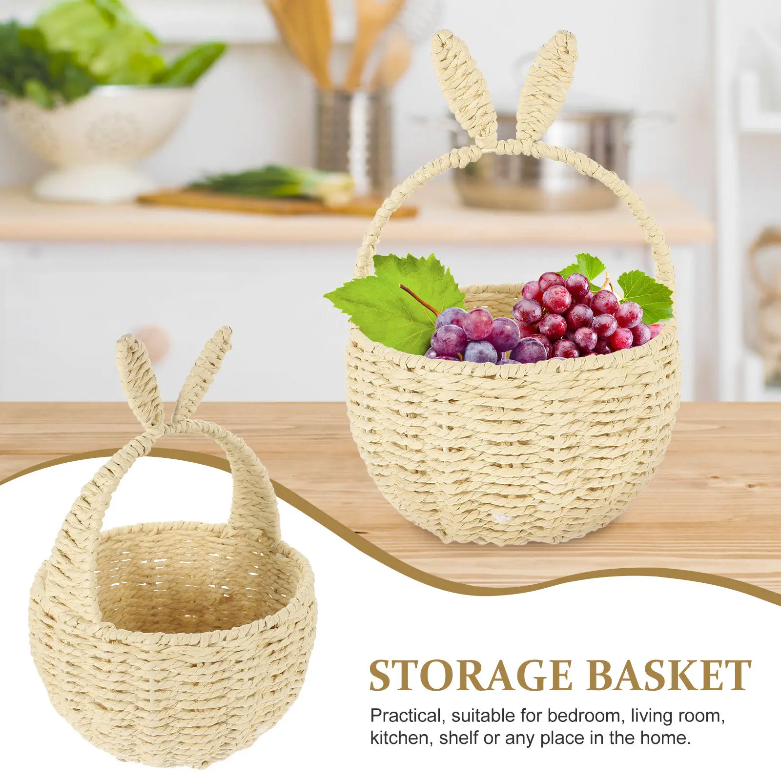 Rabbit Ear Hand Woven Storage Basket Natural Grass Woven Flower Basket for Home Decor Living Room Bedroom Kitchen Shelf view 2