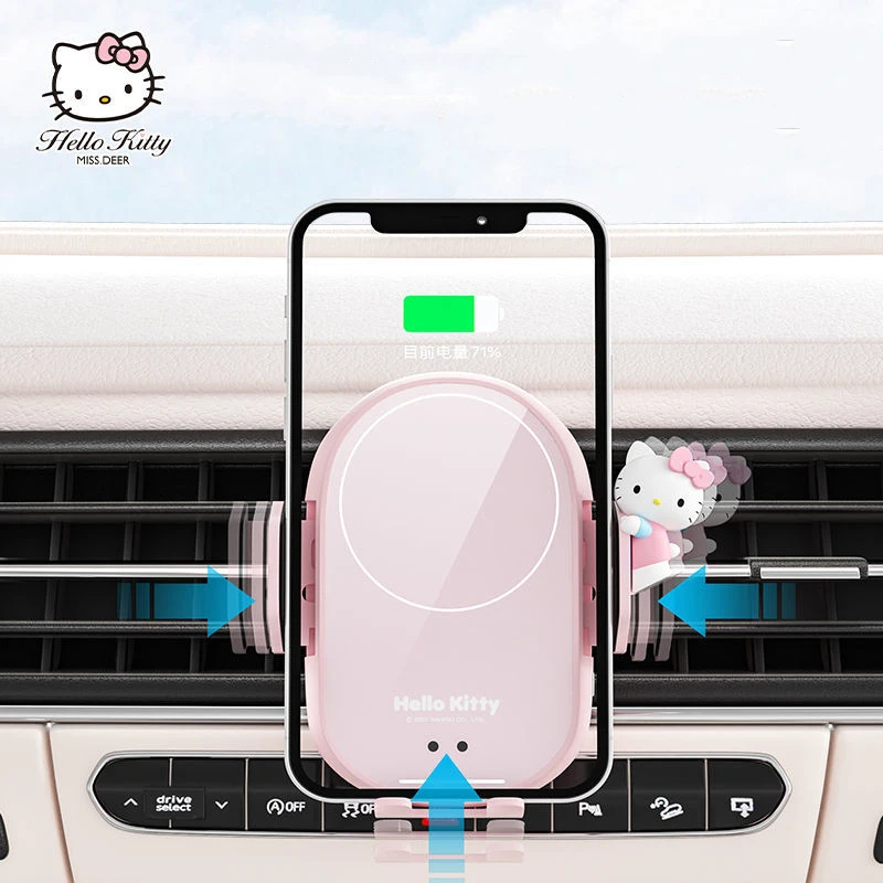 Kawaii Sanrio HelloKitty Car Mobile Phone Bracket Cute Anime Car Outlet Wireless Charger Girl Navigation Universal Bracket Gift