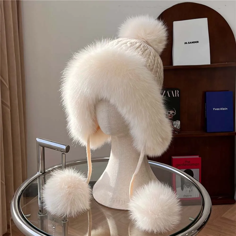 

2025 Fashion Winter Women Real Fox fur Hat Casual Outdoor Warm Knitted Hat Girl Natural Real Fox Fur Ear Cap Bomber Russian Cap