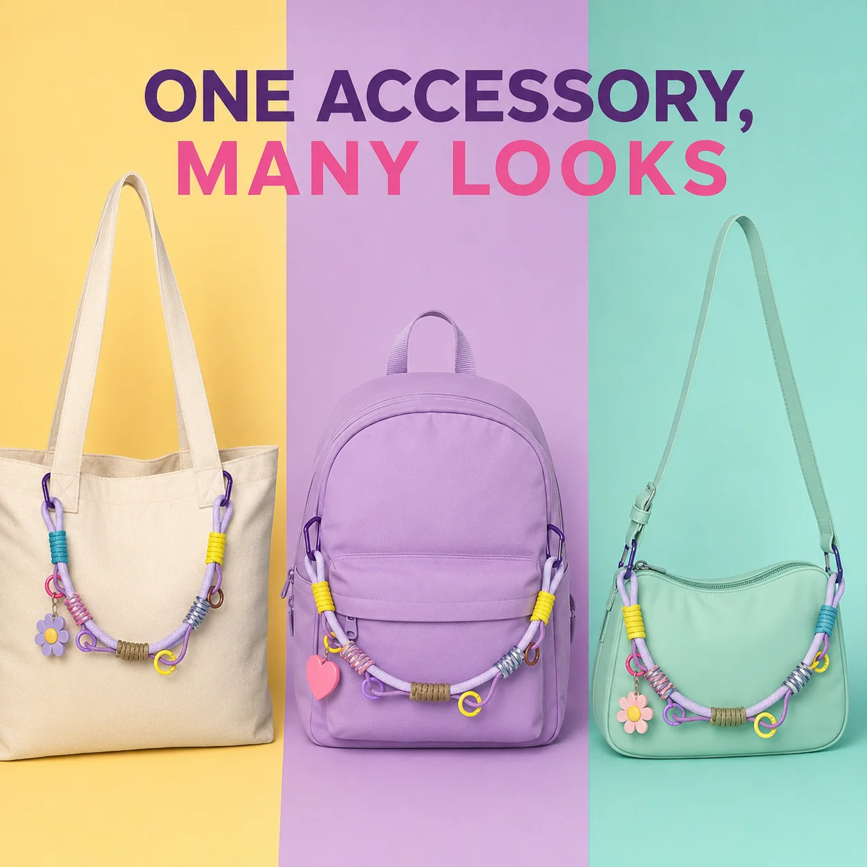 Colorful Dopamine Bag Charm Rope, Braided Rope Accessory with Clips for Tote, Backpack, Purse, Keychains and Charms & More