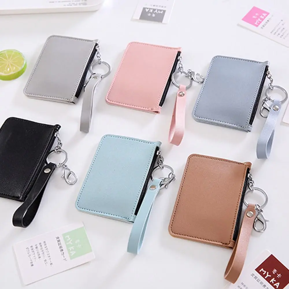 PU Leather Zipper Card Cover Bag ID Tag Bus Pass Card Cover Case Coin Purse Business Card Case with Hand Rope