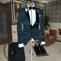 Luxury Gold Printing Suit Set For Men Formal Party Tailor-made Slim Fit Blazer Vest Pants 3 Pieces Evening Dinner Elegant Outfit