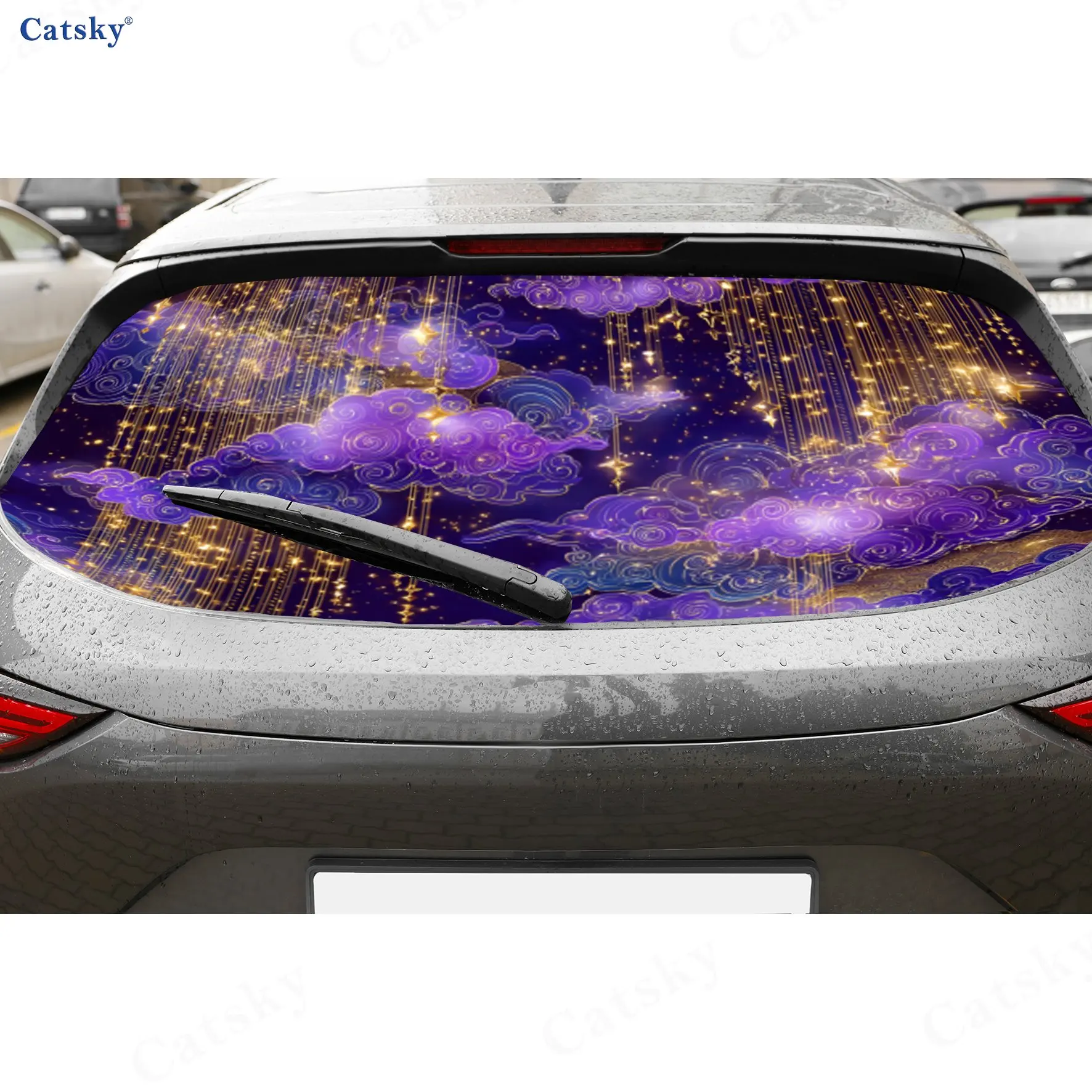 Indigo Purple Cloud & Starfall PVC Perforated Car Vinyl Wraps, Durable Car Rear Windshield Sticker, Waterproof Car Window Decal