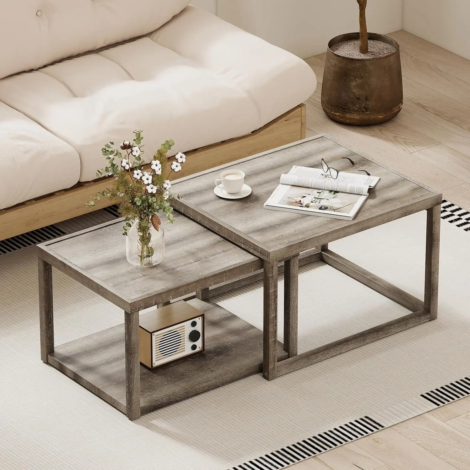 

GreyOakFarmhouseNesting CoffeeTable Set (2pcs) - Stackable 2-Tier End Tableswith Storage Shelf,Rubber Wood Frame for Living Room