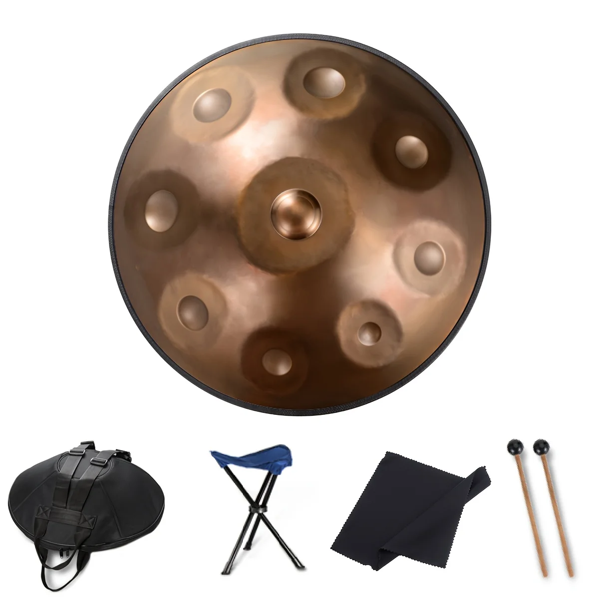 

18 Inch 9 Notes Handpan Drum, G Minor, 440 Hz, Golden Carbon Steel, Premium, Machine-made Artificial Tuning, with Bag