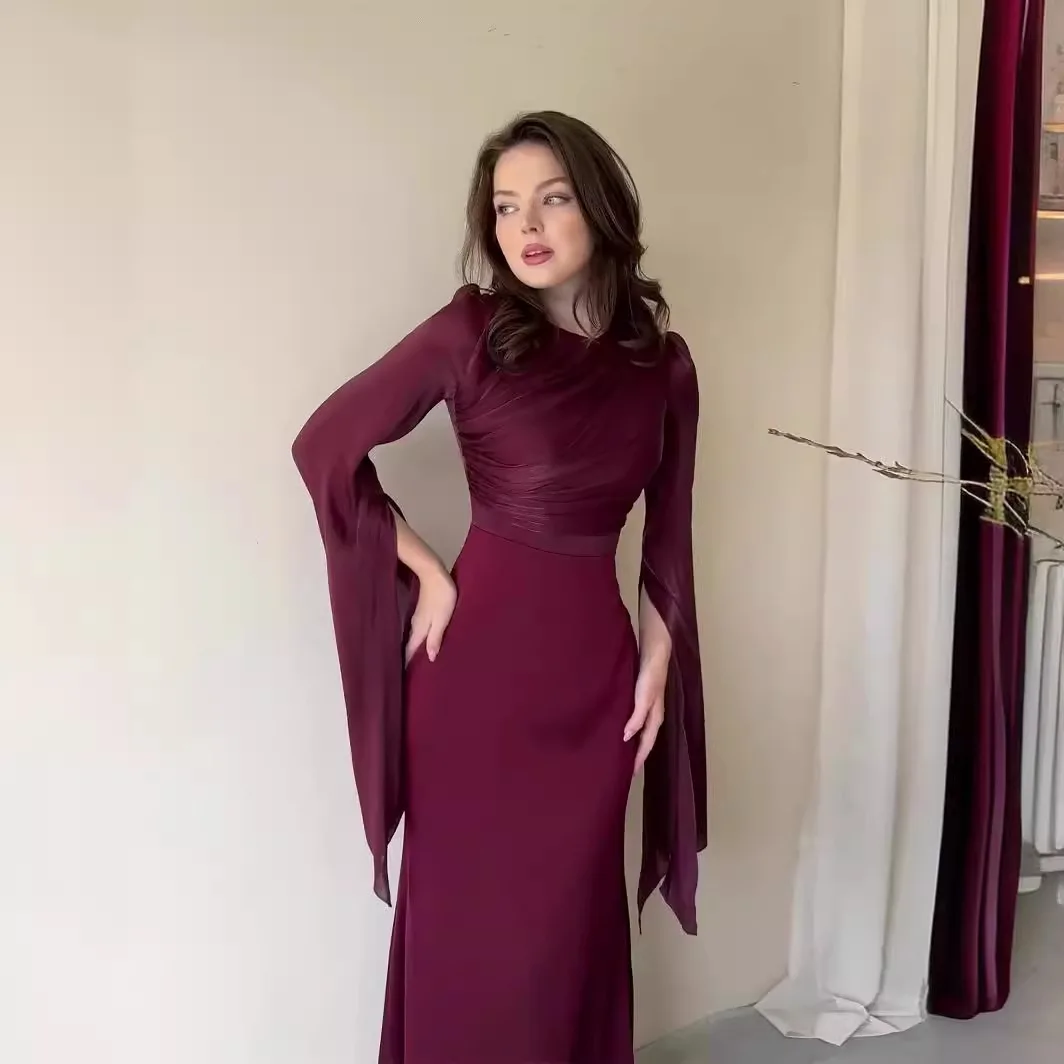 Primavera moda elegante vestito da partito donne musulmane moda girocollo manica svasata maglia impiombata vestito a matita donne