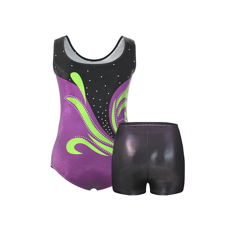 ملابس الجمباز بدون أكمام للفتيات من قطعة واحدة مطبوعة بالزهور اللامعة مع شورت هيربان