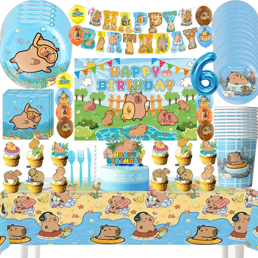 

Cartoon Capybara Birthday Party Decoration Disposable Tableware Cup Plate Napkins Balloon Tablecloth Banner Baby Shower Toy Gift