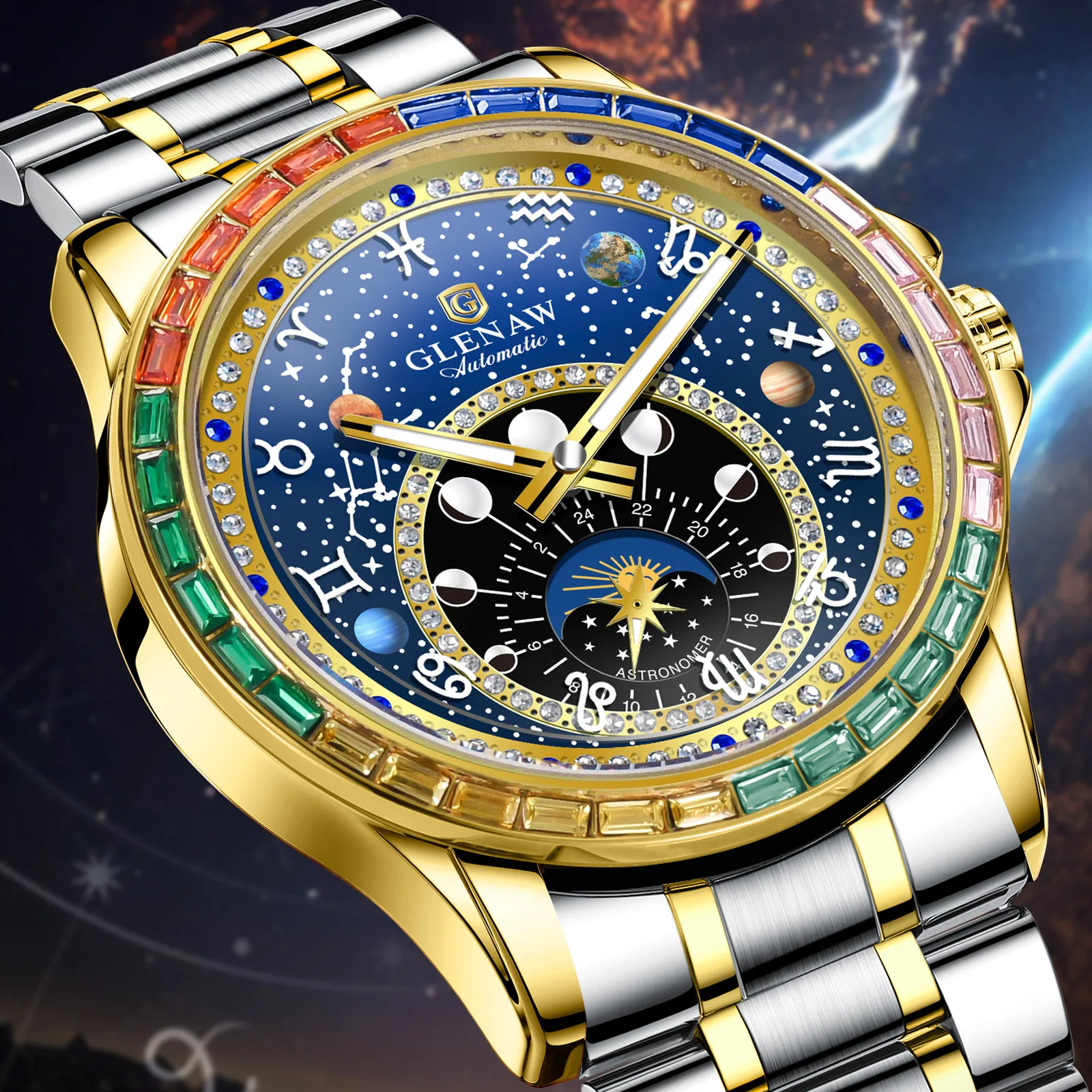 GLENAW 2025 New Rainbow Circle Mechanical Watch Men Constellation dial Design Night Light Waterproof Top Luxury Mechanical Watch
