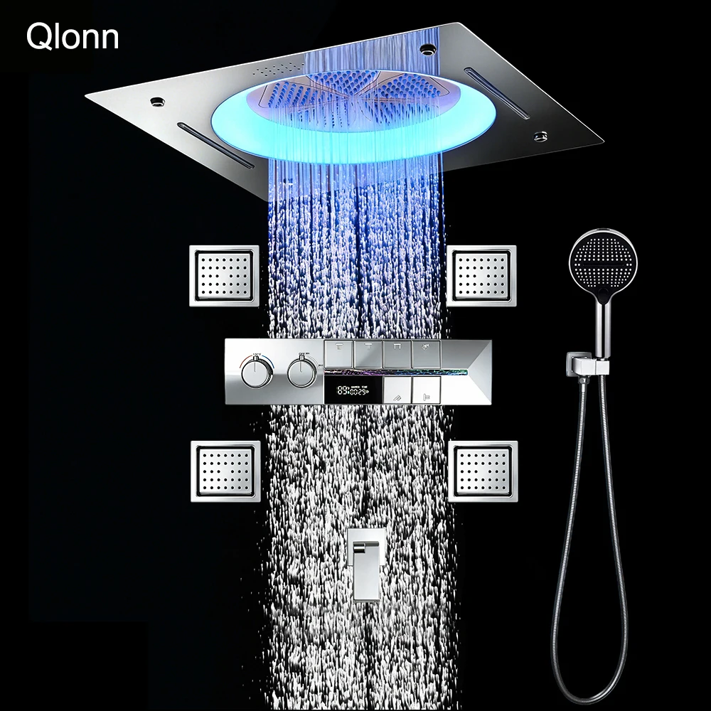 Qlonn Luxury 6 Function Shower Set Bathroom Faucets Smart Thermostatic Mixer 20 lnch Ceiling LED Music Showers Head Massage Jets