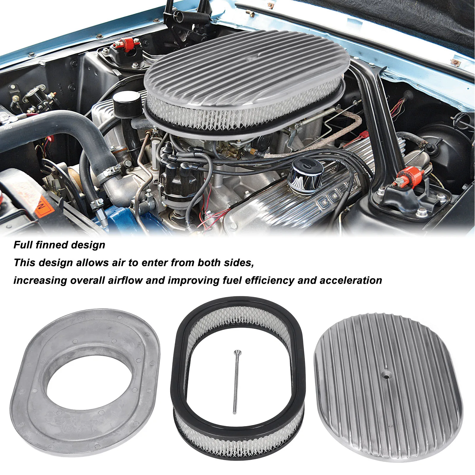 Oval Air Cleaner Polished Aluminum Alloy 12in Oval Half Finned Air Filter Assembly Kit Replacement For Ford Air Cleaner Assembly - Image 6