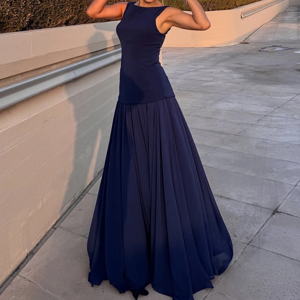 

Customized A-line Evening Dresses Floor-length Scoop-neck Sleeveless Prom Gown Simple Fashion Draped Casual Party Gown