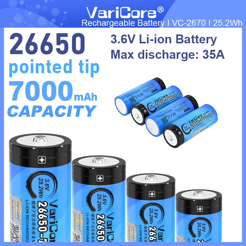 

VariCore VC-2670 TIP 35A литиевая аккумуляторная батарея с высоким разрядом 26650A 3,7 В 7000 мА Большая емкость для электроинструментов